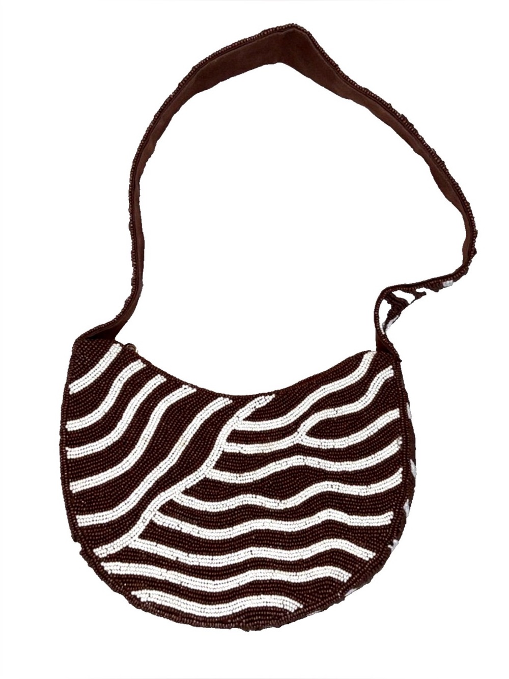 Anthropologie Crescent Beaded Shoulder Bag Brown White Zebra Neutral